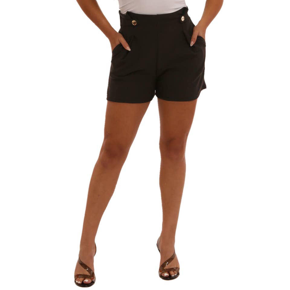 4411017e402529e1a0e1922aa2507de01c5789383fb025b59157ebd2fbd7df81 Wholesale Womens Black Scuba Shorts Boho With Wide leg and buttons - Image 1