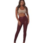Wholesale Womens High Waist PU Faux Leather Leggings-Burgundy