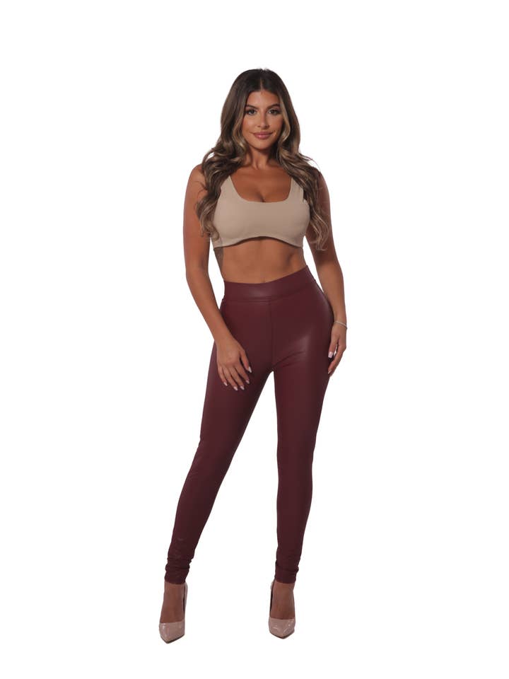 081db93856cecdb119511ea7712589a5c4dec84e2eda9adc1231617ad1eda4a9 Wholesale Womens High Waist PU Faux Leather Leggings-Burgundy - Image 1