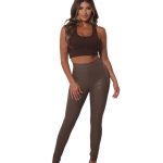 Wholesale Womens High Waist PU Faux Leather Leggings-Taupe