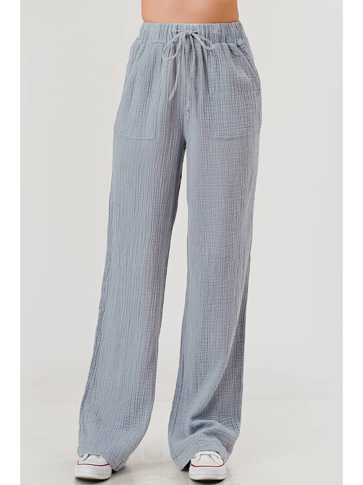 6ec7f3f5f61bd07f44523d2232a85b983d6aa2842337b9afdf8a0cf7b4e83409 Wholesale Cotton Gauze Knit Straight Leg Drawstring Pants - Image 1