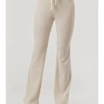 Wholesale Womens Waffle Textured Fleece Lined Flare Pants-Heather Oatmeal