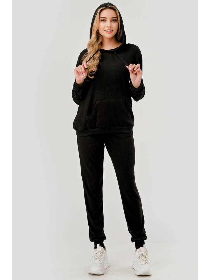 c1c2d0fd8ee6bad1f49b20bb6bb46d5b05c233a7493d21a36aa8a496b23b0e14 Wholesale Womens Sweater Knit Hoodie & Jogger 2-Piece Set-Black - Image 1