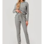Wholesale Womens Waffle Fleece Hoodie & Jogger 2-Piece Set-Light Heather Grey
