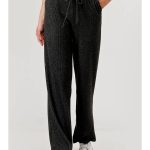 Wholesale Womens Ribbed Knit Wide Leg Drawstring Pants-Heather Charcoal